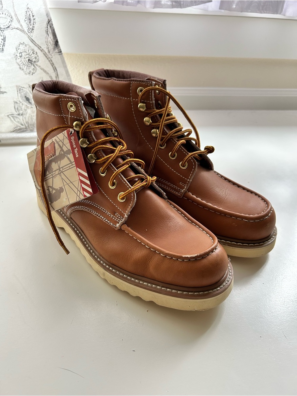 Vintage dead stock Sears Men's Tan Leather Moc Toe Work Boots